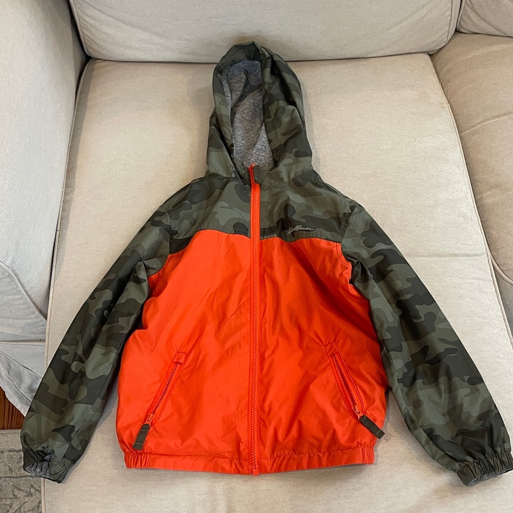 Eddie Bauer Kids Reversible Orange and Camouflage jacket, jersey lined. Size 5/6
